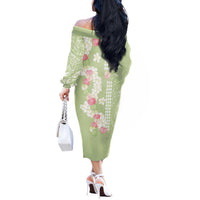 Leaf Green Hawaii Anthurium Plumeria Lei Off The Shoulder Long Sleeve Dress