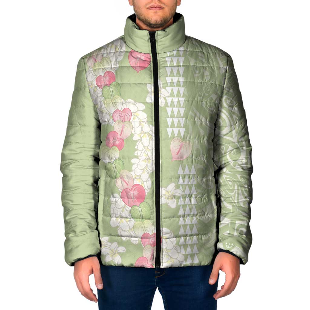 Leaf Green Hawaii Anthurium Plumeria Lei Padded Jacket