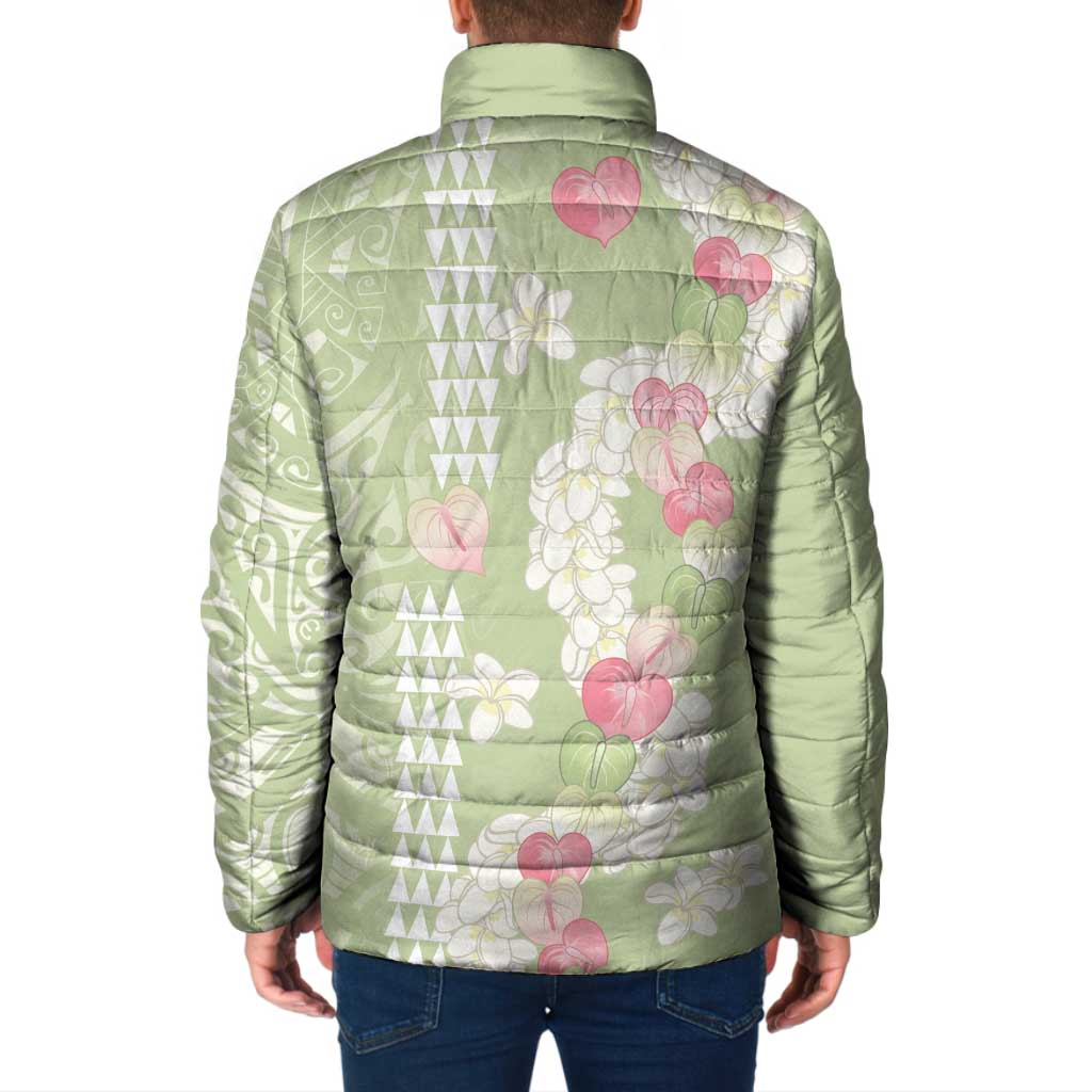 Leaf Green Hawaii Anthurium Plumeria Lei Padded Jacket