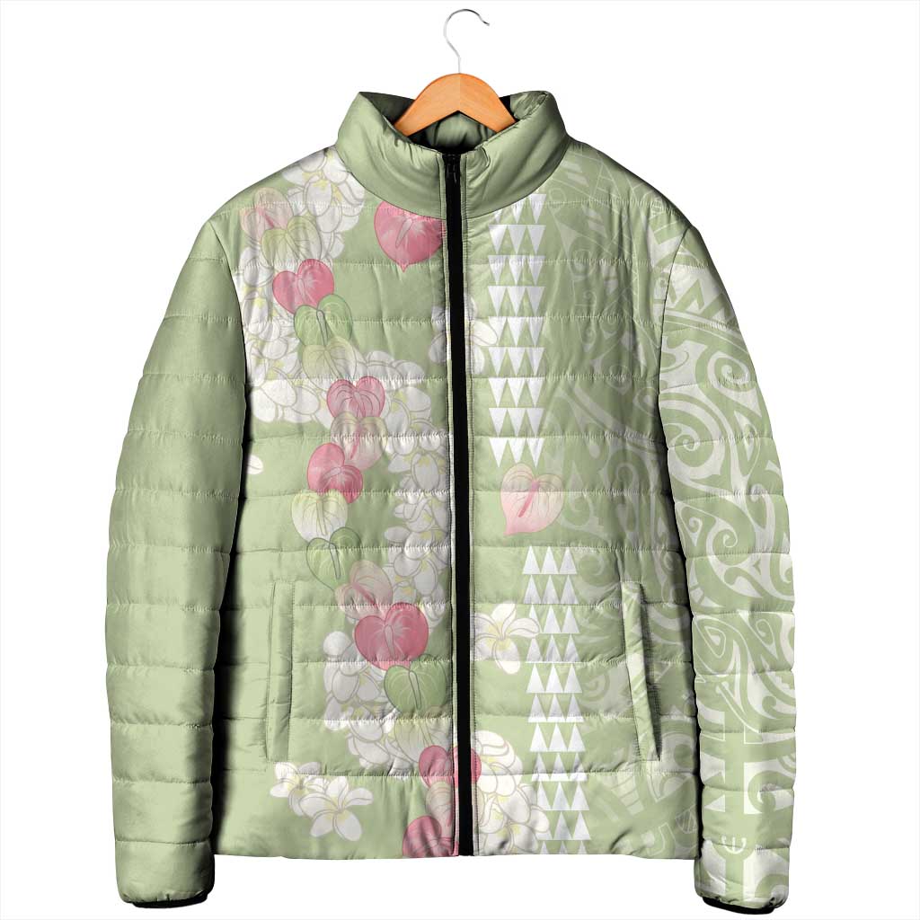 Leaf Green Hawaii Anthurium Plumeria Lei Padded Jacket