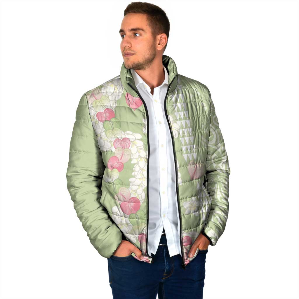 Leaf Green Hawaii Anthurium Plumeria Lei Padded Jacket