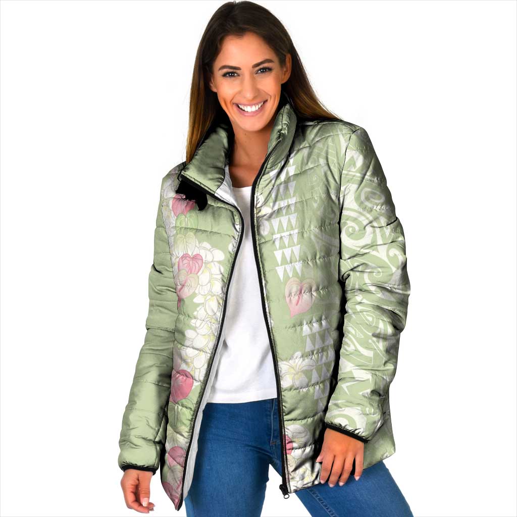 Leaf Green Hawaii Anthurium Plumeria Lei Padded Jacket