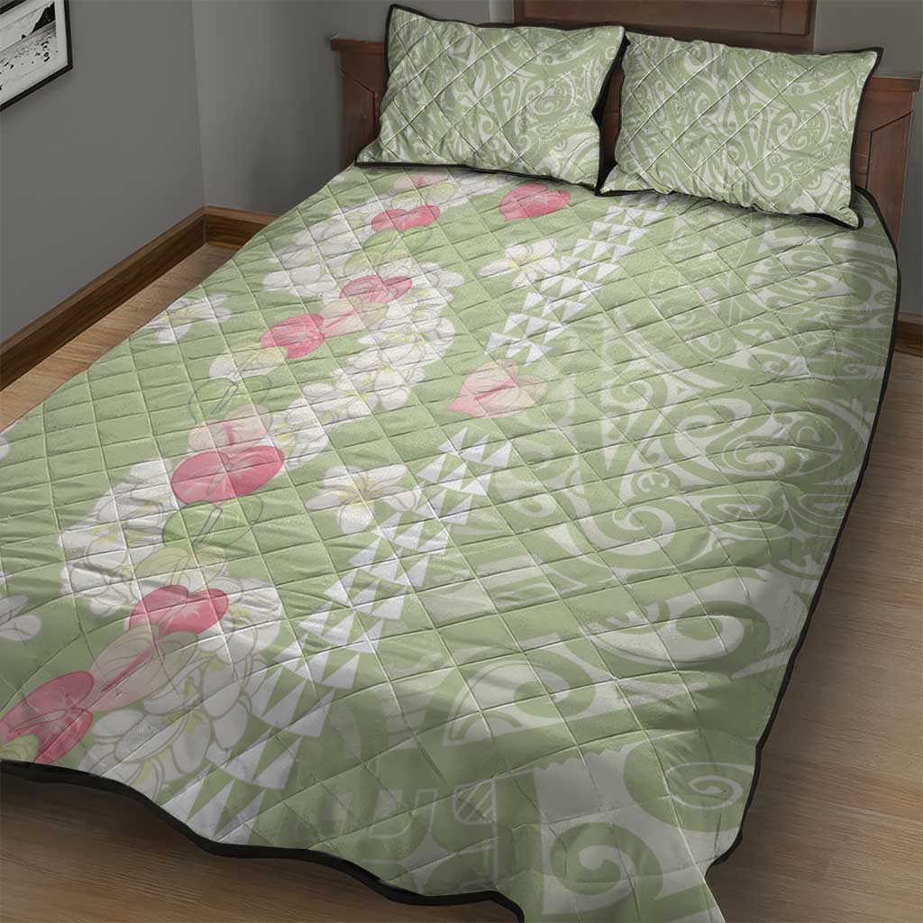 Leaf Green Hawaii Anthurium Plumeria Lei Quilt Bed Set LT9 - Polynesian Pride