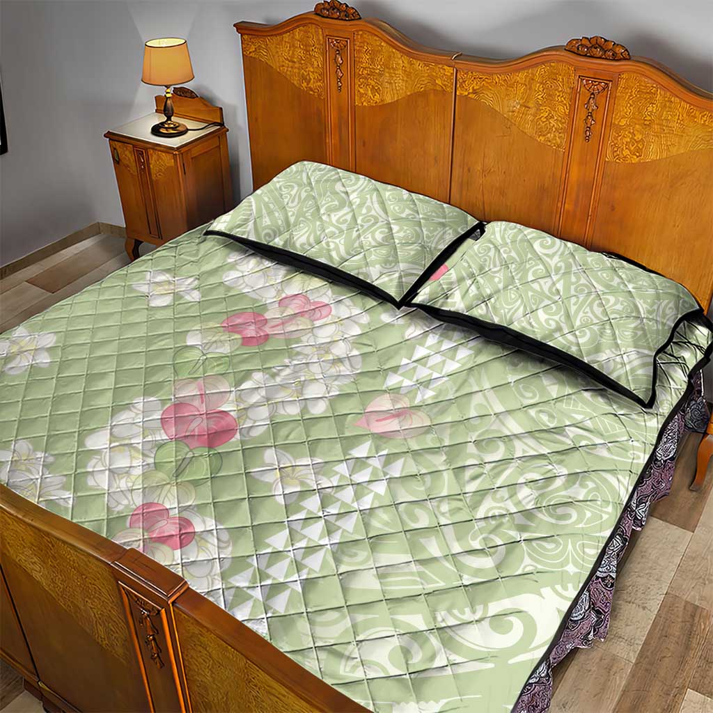 Leaf Green Hawaii Anthurium Plumeria Lei Quilt Bed Set LT9 - Polynesian Pride