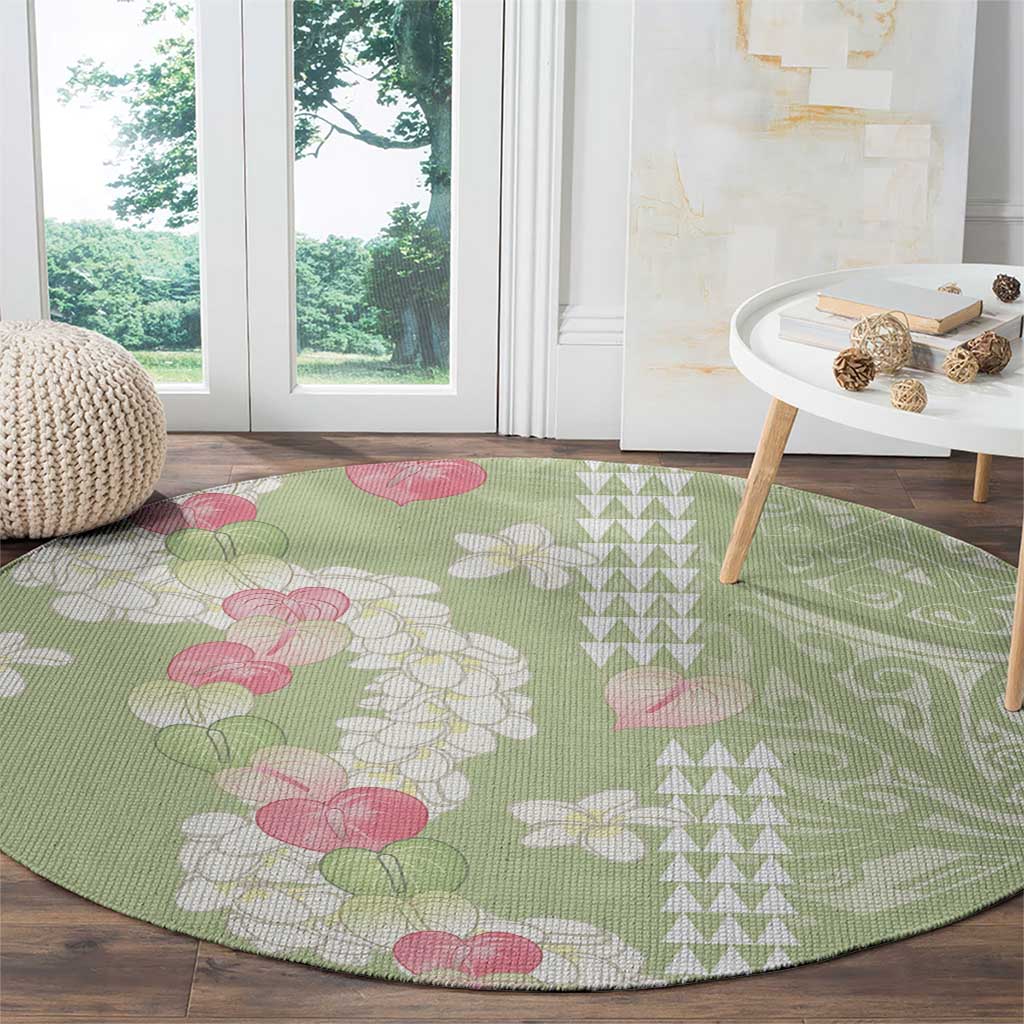 Leaf Green Hawaii Anthurium Plumeria Lei Round Carpet