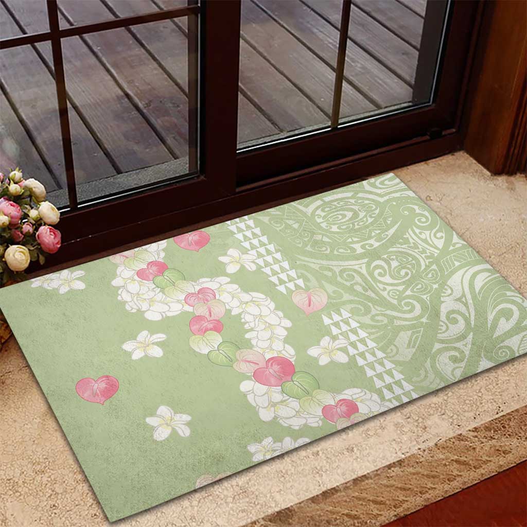 Leaf Green Hawaii Anthurium Plumeria Lei Rubber Doormat