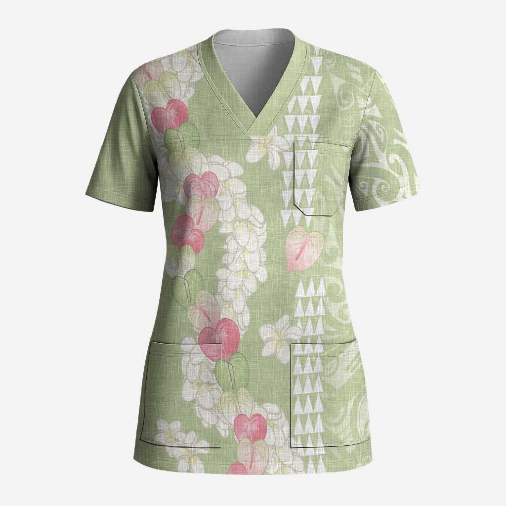 Leaf Green Hawaii Anthurium Plumeria Lei Scrub Top