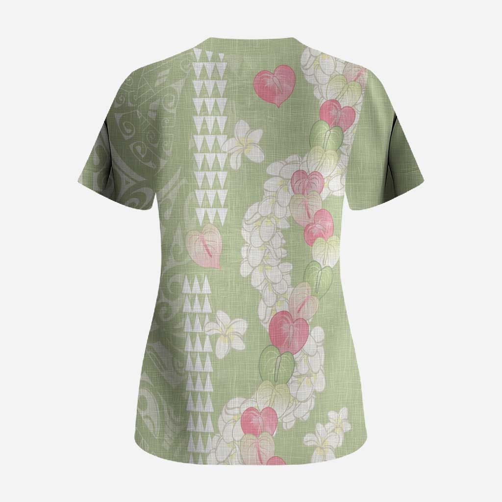 Leaf Green Hawaii Anthurium Plumeria Lei Scrub Top