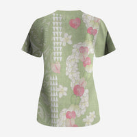 Leaf Green Hawaii Anthurium Plumeria Lei Scrub Top