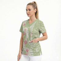 Leaf Green Hawaii Anthurium Plumeria Lei Scrub Top