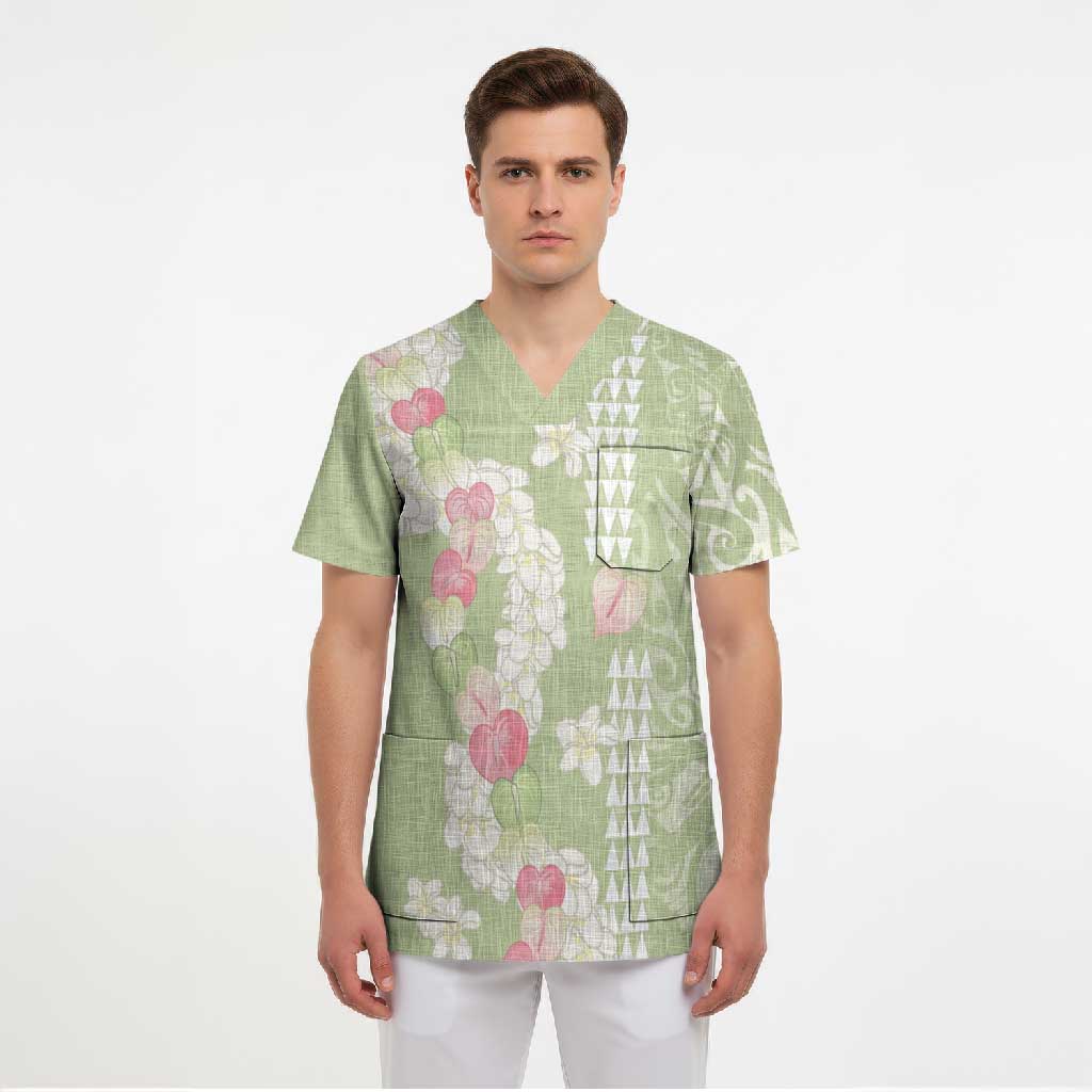 Leaf Green Hawaii Anthurium Plumeria Lei Scrub Top
