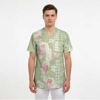 Leaf Green Hawaii Anthurium Plumeria Lei Scrub Top