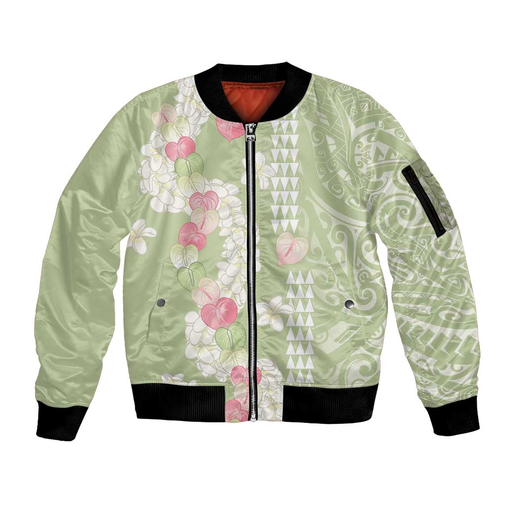 Leaf Green Hawaii Anthurium Plumeria Lei Sleeve Zip Bomber Jacket