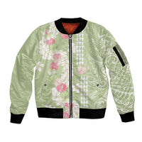 Leaf Green Hawaii Anthurium Plumeria Lei Sleeve Zip Bomber Jacket