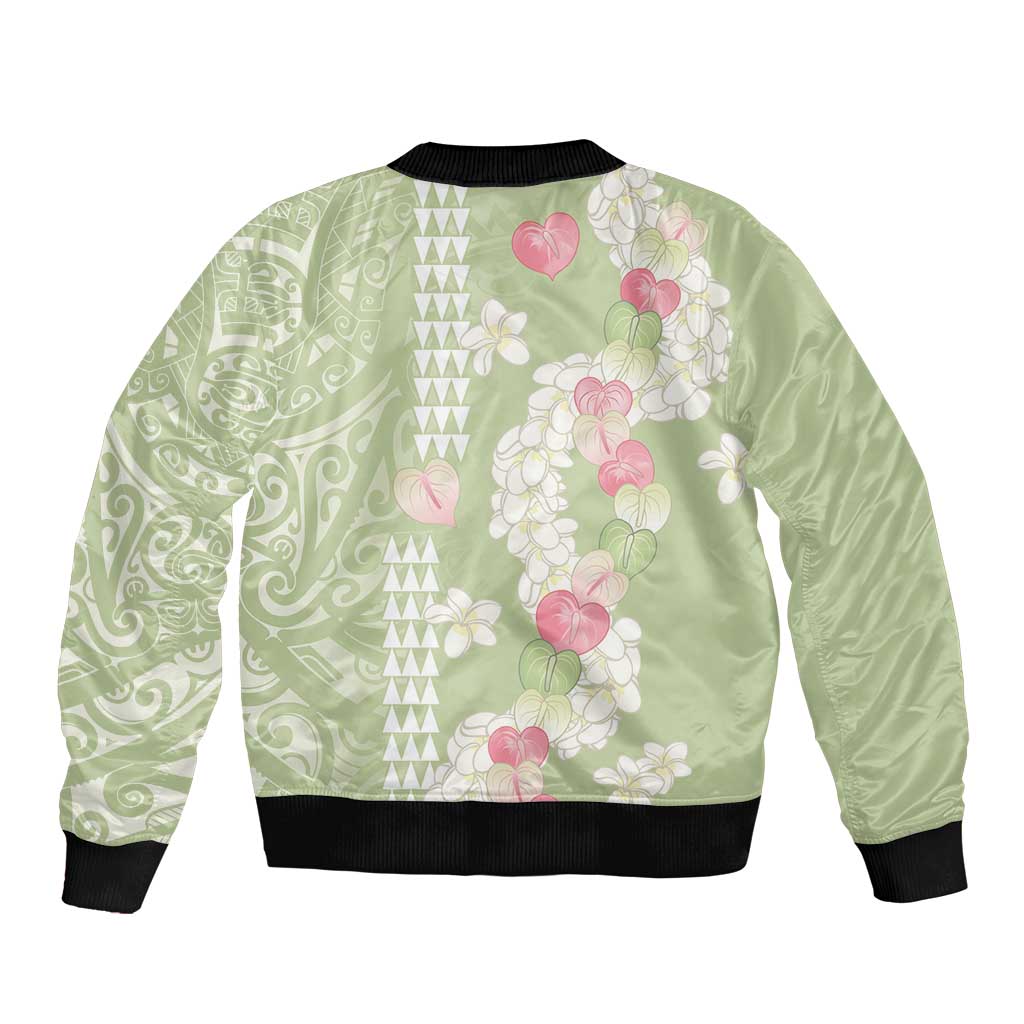 Leaf Green Hawaii Anthurium Plumeria Lei Sleeve Zip Bomber Jacket