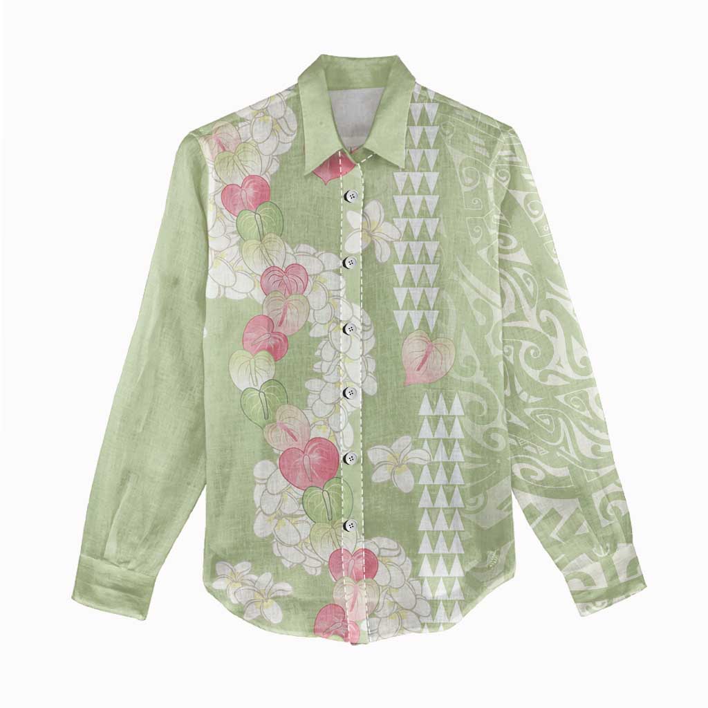 Leaf Green Hawaii Anthurium Plumeria Lei Women Casual Shirt LT9 - Polynesian Pride