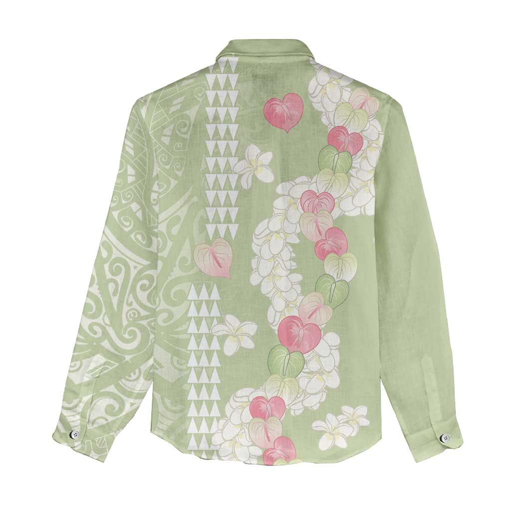 Leaf Green Hawaii Anthurium Plumeria Lei Women Casual Shirt LT9 - Polynesian Pride