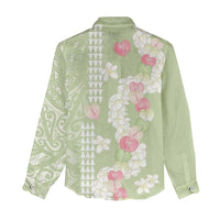 Leaf Green Hawaii Anthurium Plumeria Lei Women Casual Shirt LT9 - Polynesian Pride