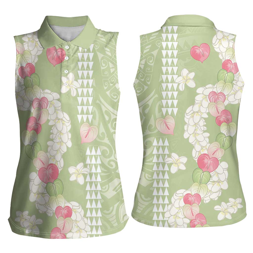 Leaf Green Hawaii Anthurium Plumeria Lei Women Sleeveless Polo Shirt