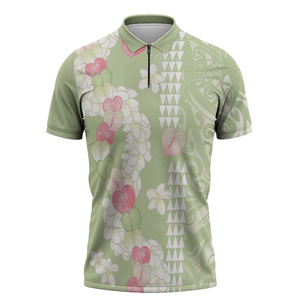 Leaf Green Hawaii Anthurium Plumeria Lei Zipper Polo Shirt