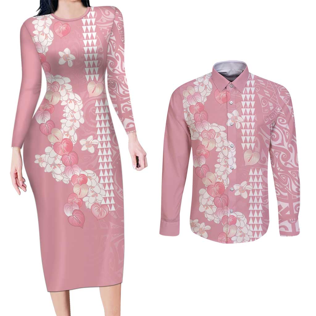 Soft Pink Hawaii Anthurium Plumeria Lei Couples Matching Long Sleeve Bodycon Dress and Long Sleeve Button Shirt LT9 Pink - Polynesian Pride