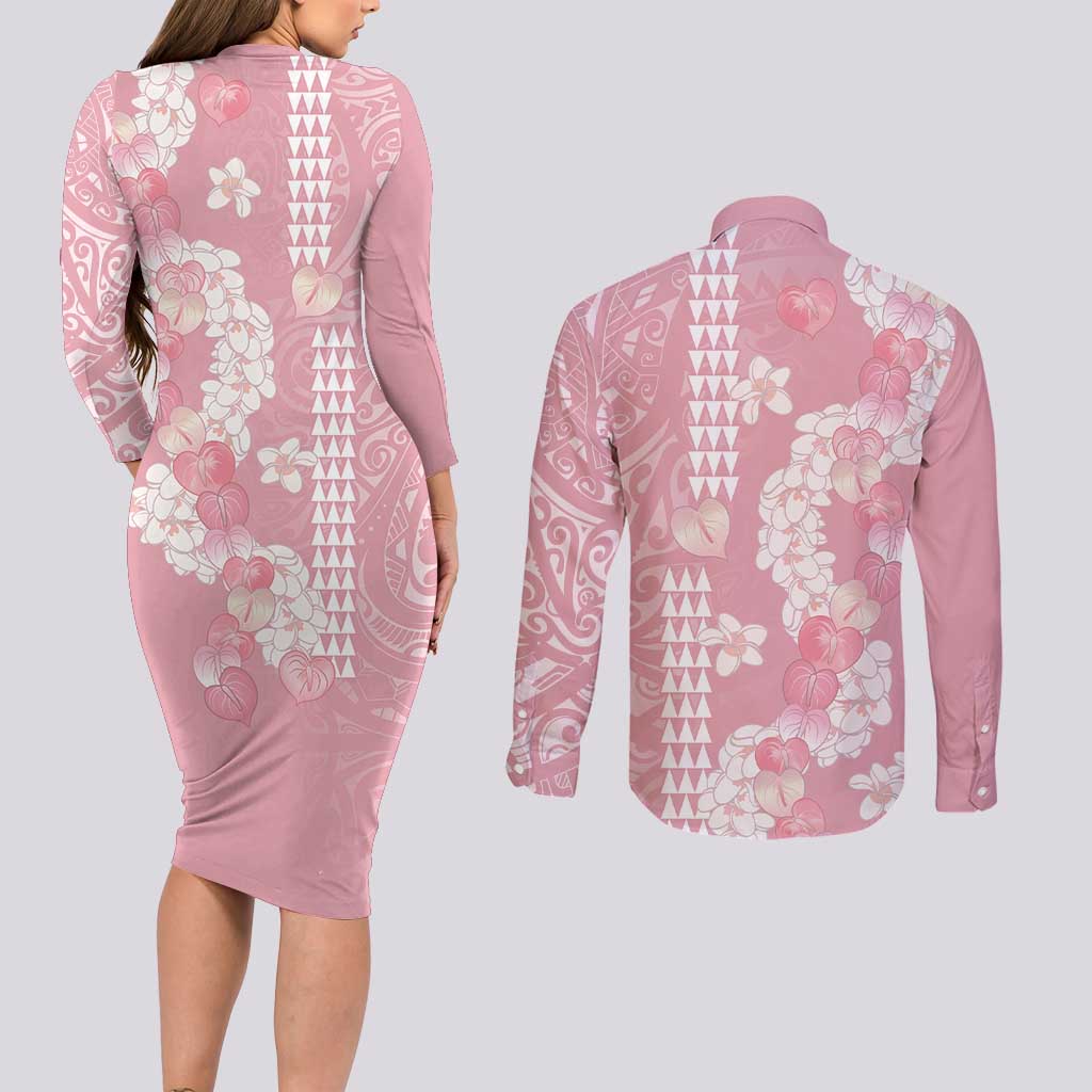 Soft Pink Hawaii Anthurium Plumeria Lei Couples Matching Long Sleeve Bodycon Dress and Long Sleeve Button Shirt LT9 - Polynesian Pride
