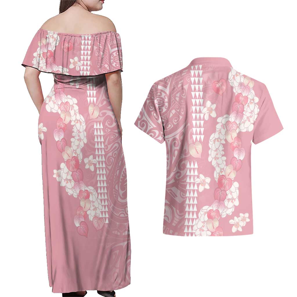 Soft Pink Hawaii Anthurium Plumeria Lei Couples Matching Off Shoulder Maxi Dress and Hawaiian Shirt LT9 - Polynesian Pride