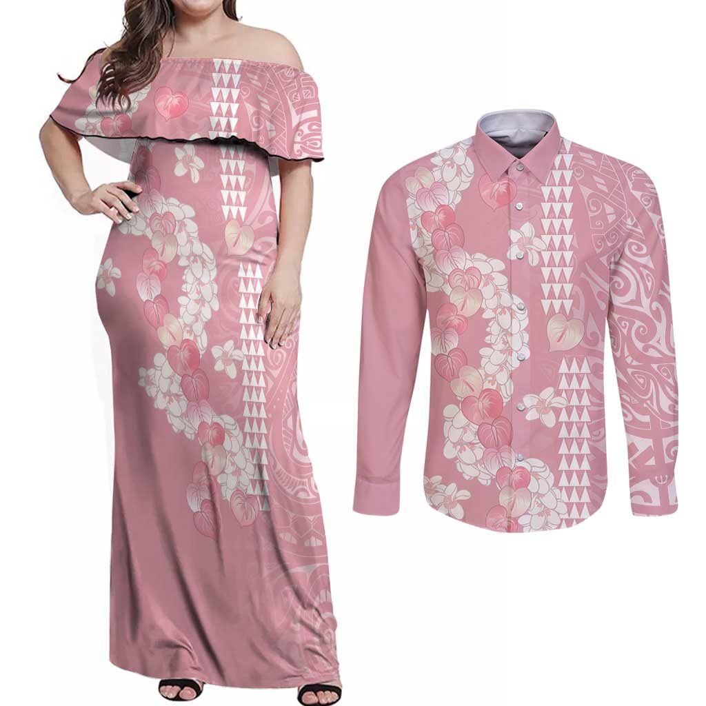 Soft Pink Hawaii Anthurium Plumeria Lei Couples Matching Off Shoulder Maxi Dress and Long Sleeve Button Shirt