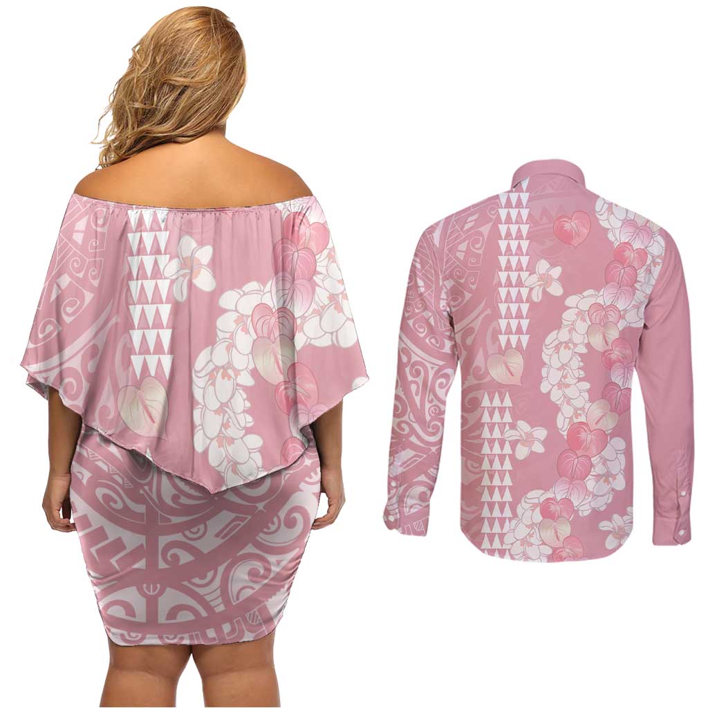Soft Pink Hawaii Anthurium Plumeria Lei Couples Matching Off Shoulder Short Dress and Long Sleeve Button Shirt