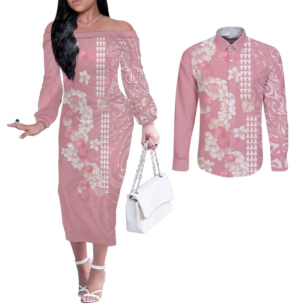 Soft Pink Hawaii Anthurium Plumeria Lei Couples Matching Off The Shoulder Long Sleeve Dress and Long Sleeve Button Shirt