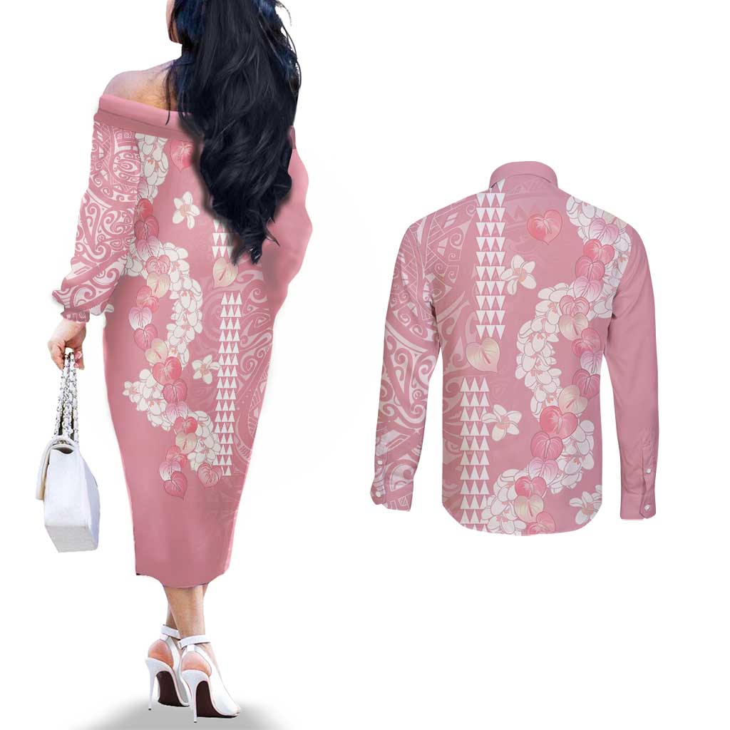 Soft Pink Hawaii Anthurium Plumeria Lei Couples Matching Off The Shoulder Long Sleeve Dress and Long Sleeve Button Shirt
