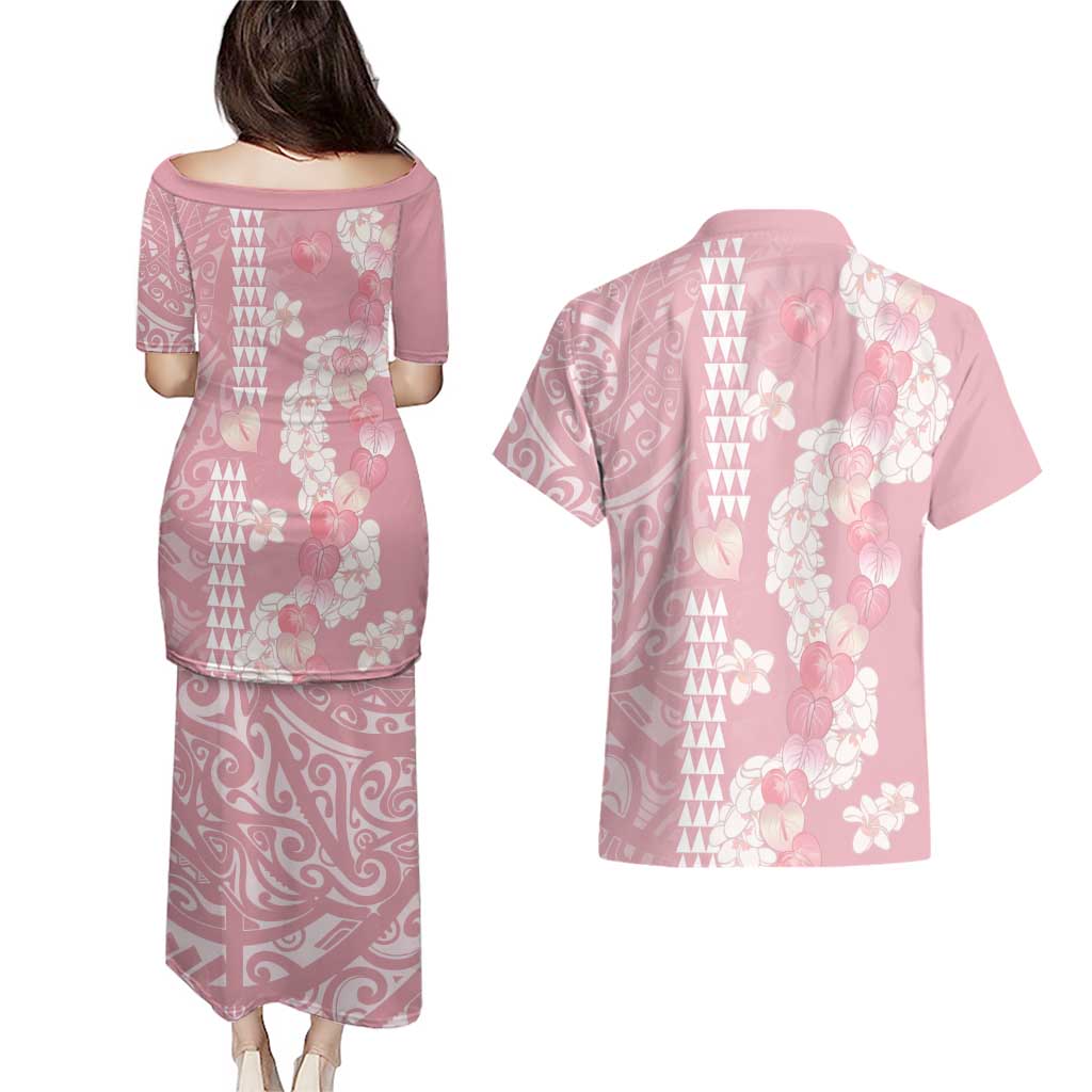 Soft Pink Hawaii Anthurium Plumeria Lei Couples Matching Puletasi and Hawaiian Shirt