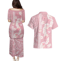 Soft Pink Hawaii Anthurium Plumeria Lei Couples Matching Puletasi and Hawaiian Shirt