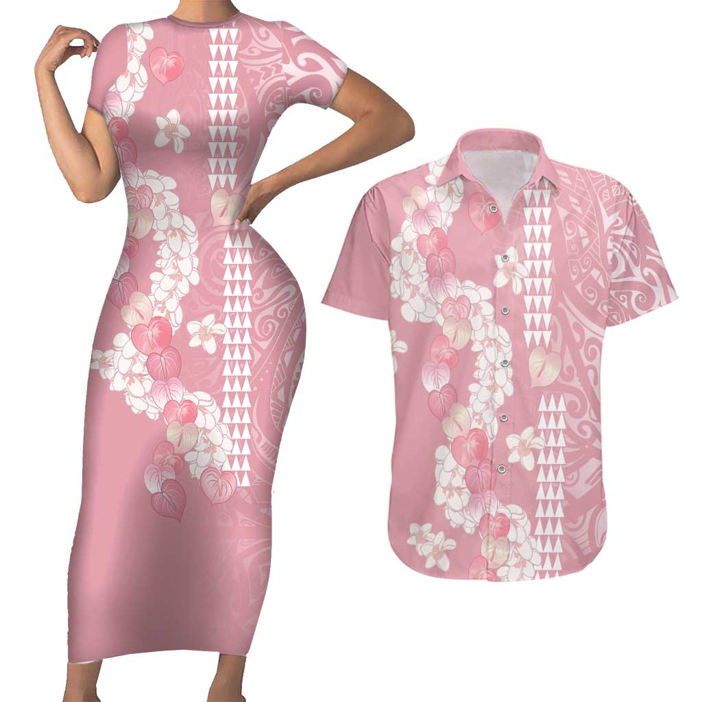 Soft Pink Hawaii Anthurium Plumeria Lei Couples Matching Short Sleeve Bodycon Dress and Hawaiian Shirt LT9 Pink - Polynesian Pride