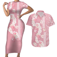 Soft Pink Hawaii Anthurium Plumeria Lei Couples Matching Short Sleeve Bodycon Dress and Hawaiian Shirt LT9 Pink - Polynesian Pride