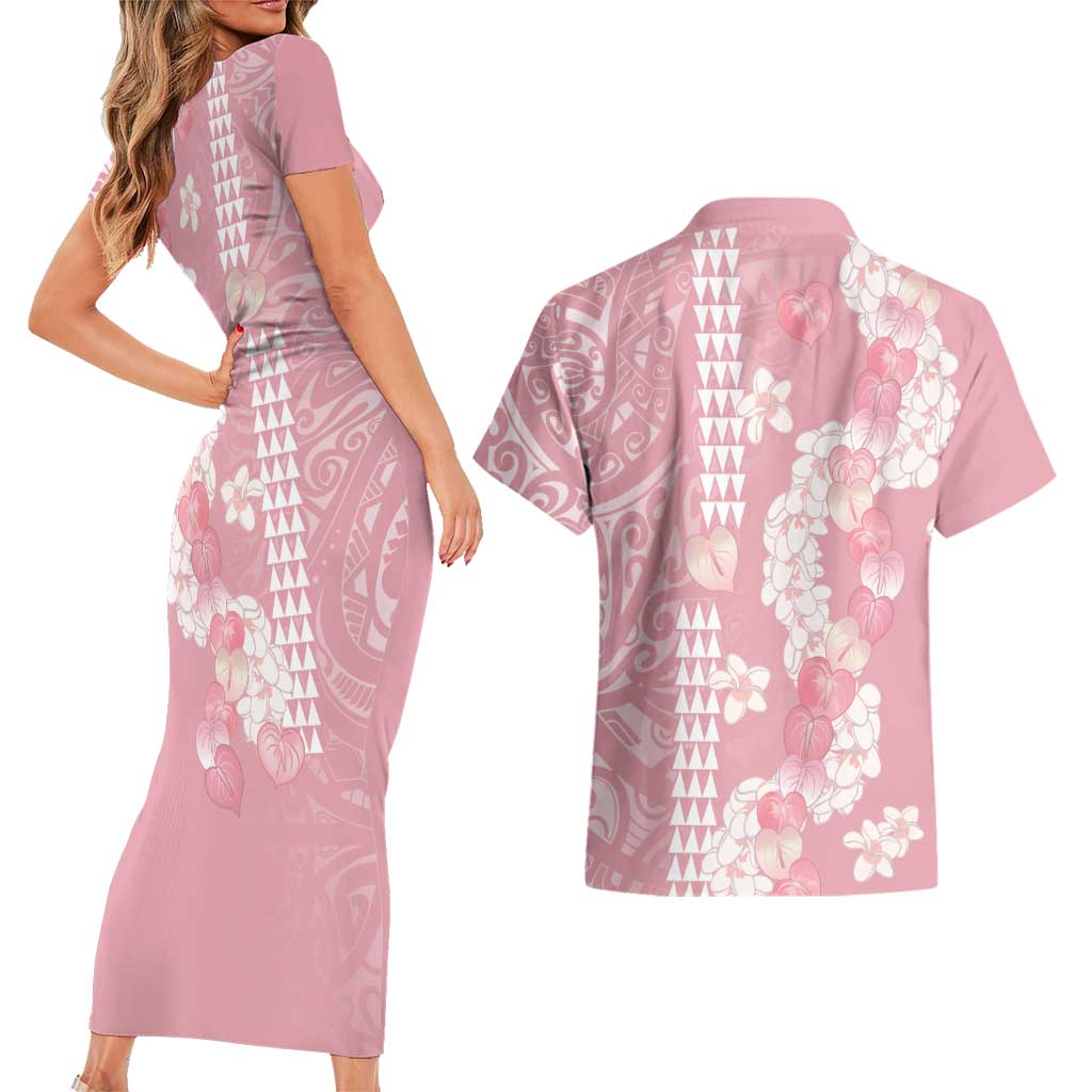 Soft Pink Hawaii Anthurium Plumeria Lei Couples Matching Short Sleeve Bodycon Dress and Hawaiian Shirt LT9 - Polynesian Pride