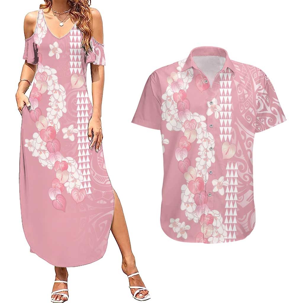 Soft Pink Hawaii Anthurium Plumeria Lei Couples Matching Summer Maxi Dress and Hawaiian Shirt LT9 Pink - Polynesian Pride