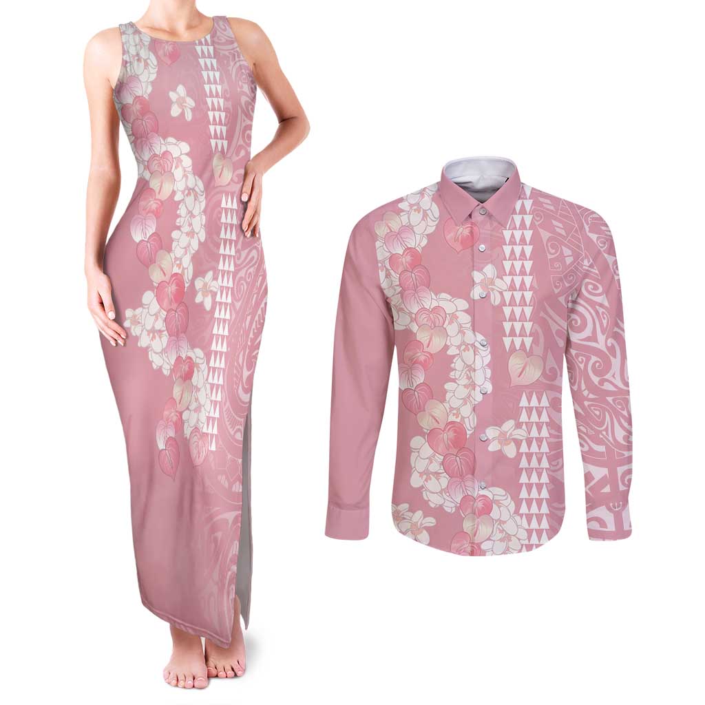 Soft Pink Hawaii Anthurium Plumeria Lei Couples Matching Tank Maxi Dress and Long Sleeve Button Shirt