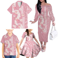 Soft Pink Hawaii Anthurium Plumeria Lei Family Matching Off The Shoulder Long Sleeve Dress and Hawaiian Shirt LT9 - Polynesian Pride