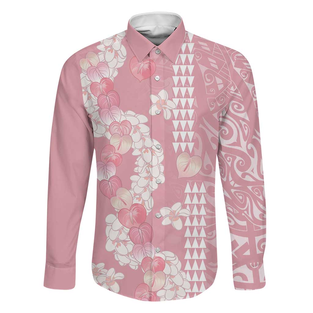 Soft Pink Hawaii Anthurium Plumeria Lei Family Matching Off The Shoulder Long Sleeve Dress and Hawaiian Shirt LT9 Dad's Shirt - Long Sleeve Pink - Polynesian Pride