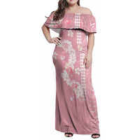 Soft Pink Hawaii Anthurium Plumeria Lei Family Matching Off Shoulder Maxi Dress and Hawaiian Shirt