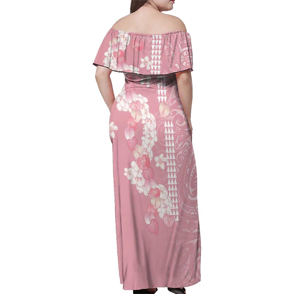 Soft Pink Hawaii Anthurium Plumeria Lei Family Matching Off Shoulder Maxi Dress and Hawaiian Shirt