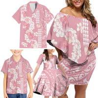 Soft Pink Hawaii Anthurium Plumeria Lei Family Matching Off Shoulder Short Dress and Hawaiian Shirt
