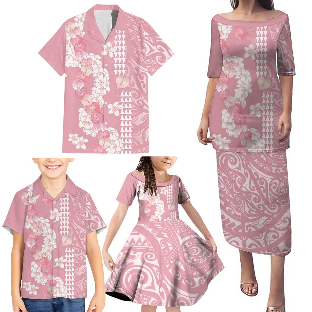 Soft Pink Hawaii Anthurium Plumeria Lei Family Matching Puletasi and Hawaiian Shirt
