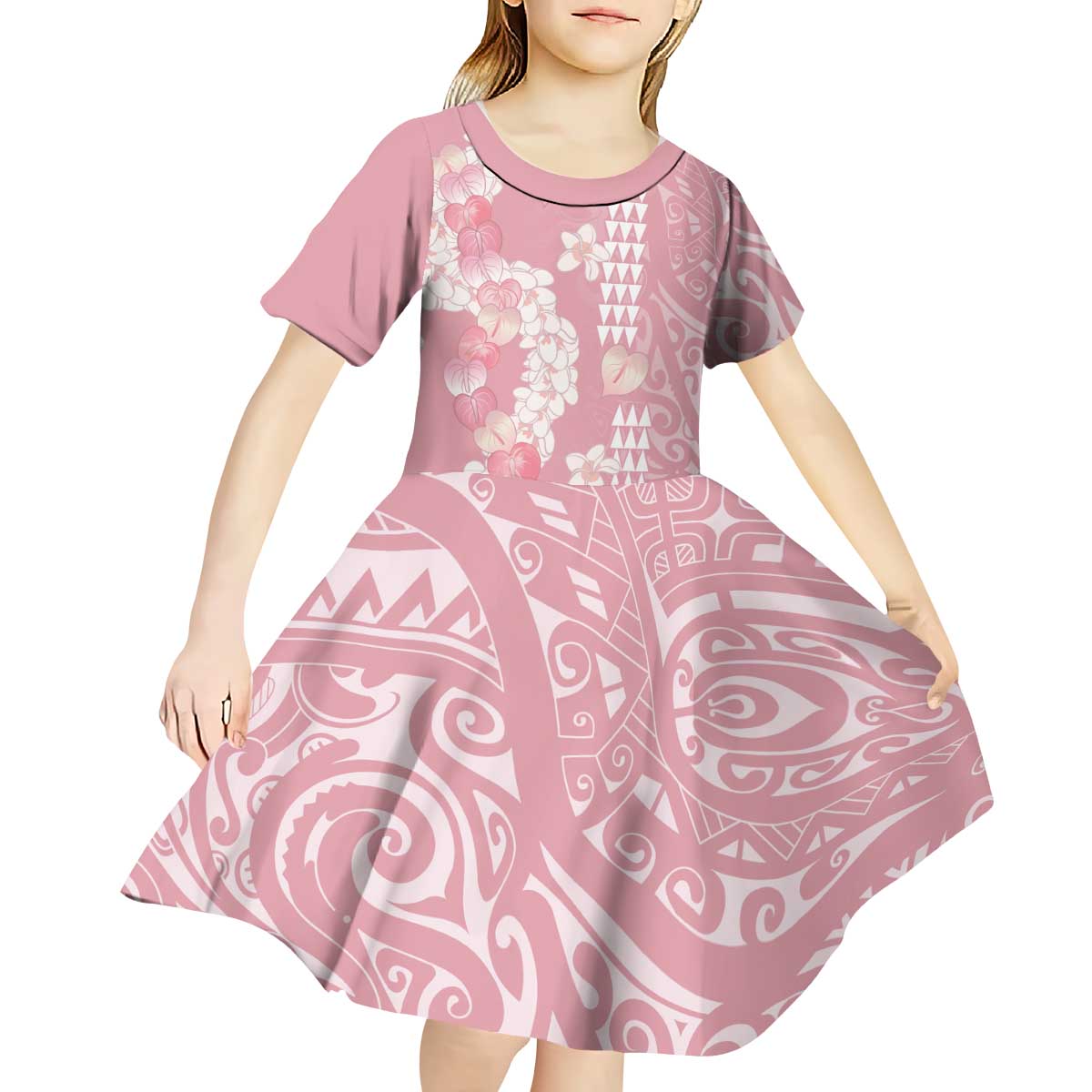 Soft Pink Hawaii Anthurium Plumeria Lei Kid Short Sleeve Dress