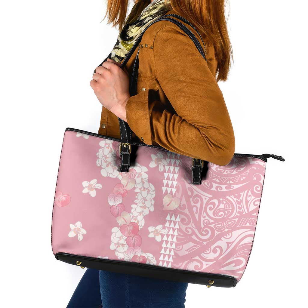 Soft Pink Hawaii Anthurium Plumeria Lei Leather Tote Bag