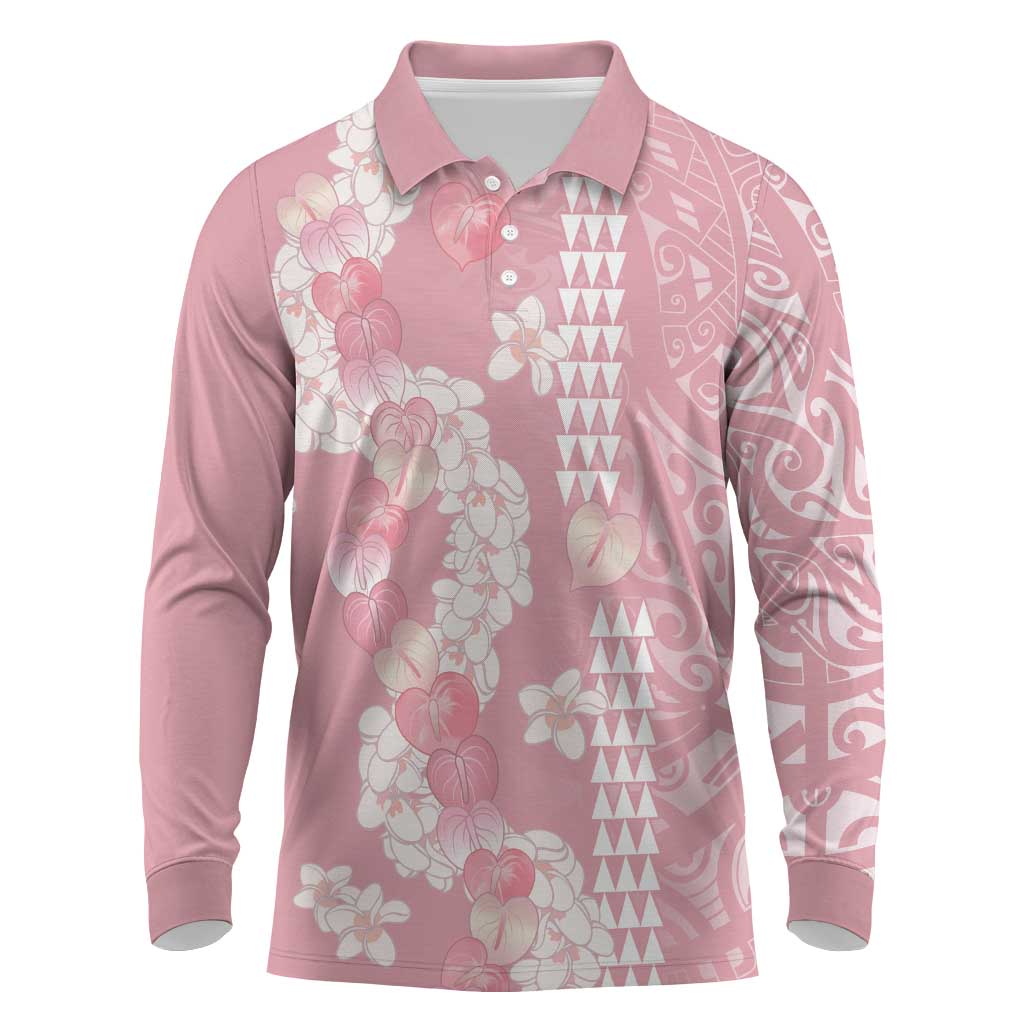 Soft Pink Hawaii Anthurium Plumeria Lei Long Sleeve Polo Shirt
