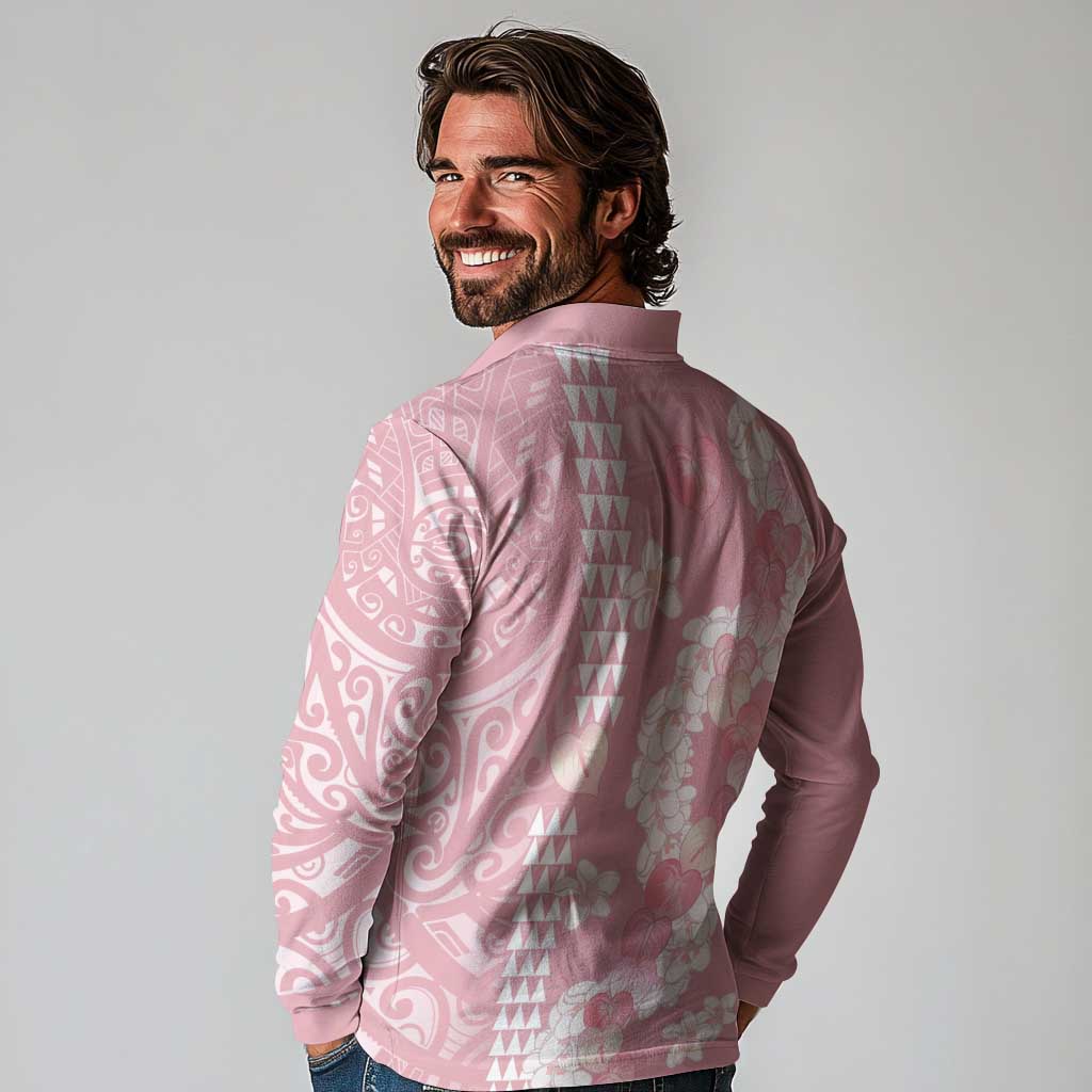 Soft Pink Hawaii Anthurium Plumeria Lei Long Sleeve Polo Shirt