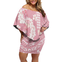 Soft Pink Hawaii Anthurium Plumeria Lei Off Shoulder Short Dress