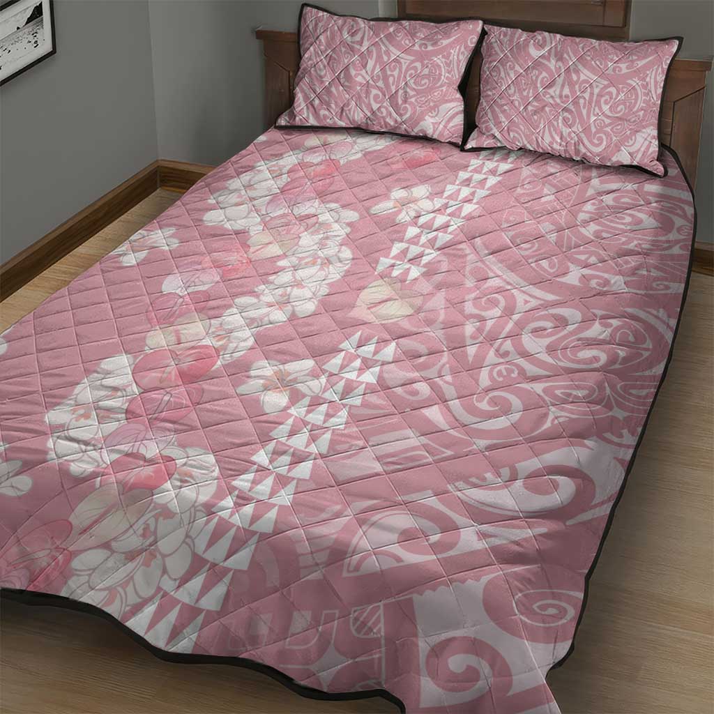 Soft Pink Hawaii Anthurium Plumeria Lei Quilt Bed Set
